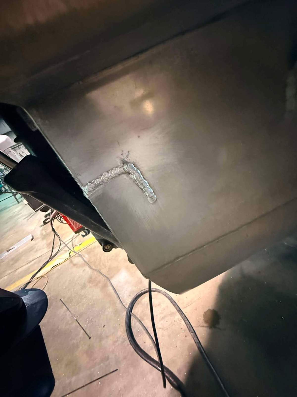 Underside weld seam on an aluminum trailer fender fabricated in Avoyelles Parish, Louisiana