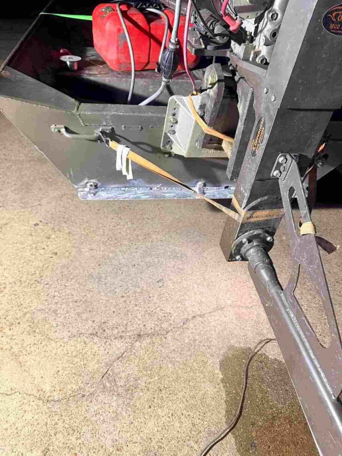 Aluminum mud motor mount bracket fabrication on a boat transom in Bunkie, Louisiana