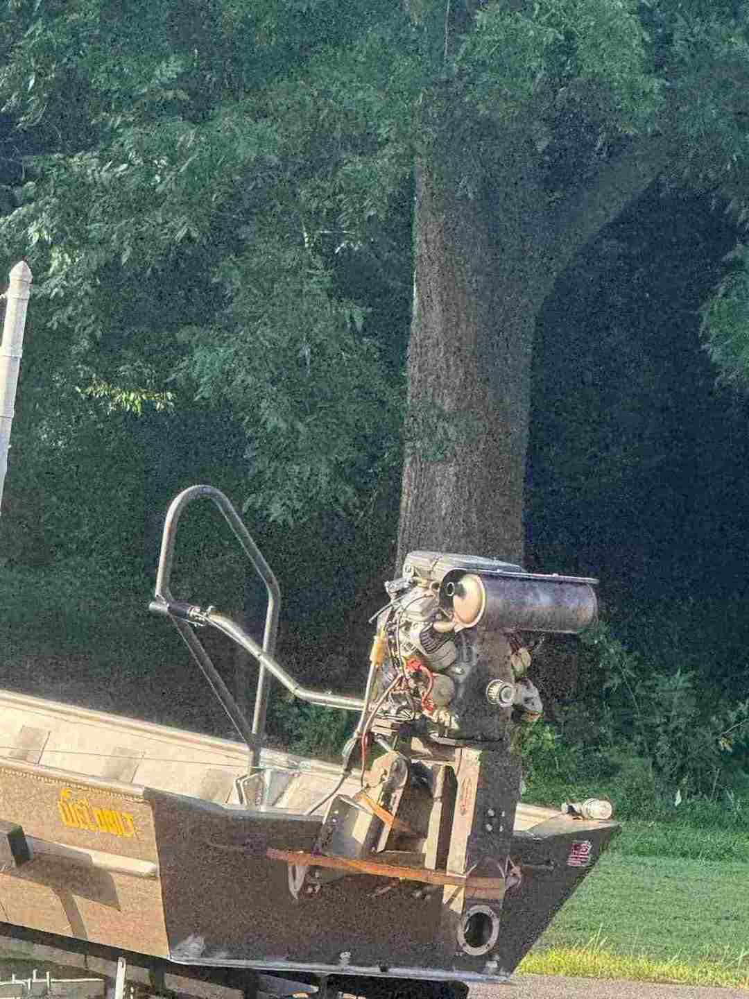 Mud motor transom mount and tiller handle extension welded on an aluminum boat in Louisiana