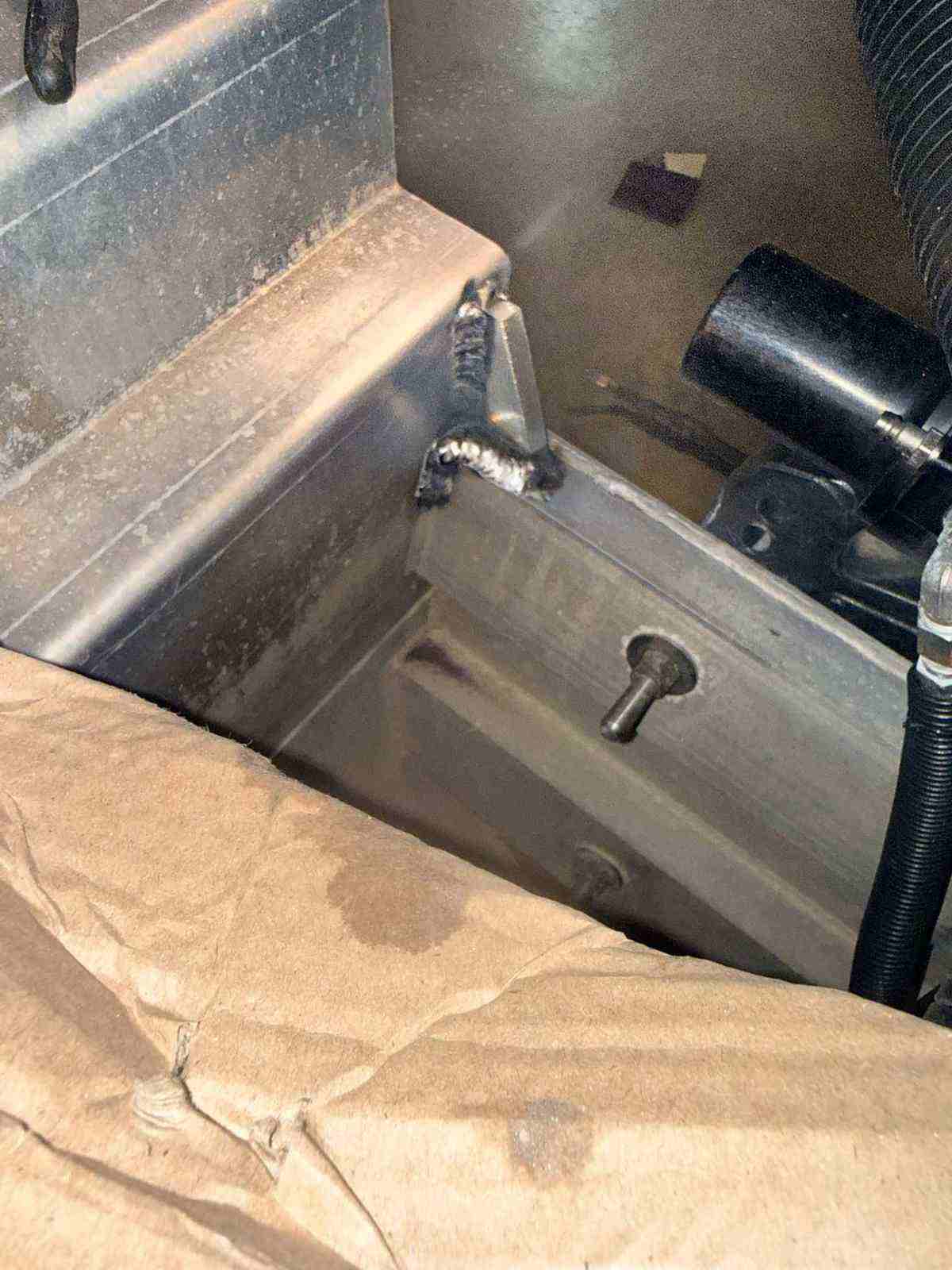 Welded mounting bracket on a fabricated frame at JG's shop in Avoyelles Parish, Louisiana